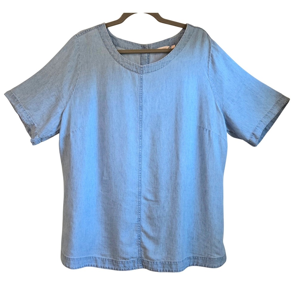 Lagenlook Linen Blend Soft Surroundings Button Back Top L Denim Short Sleeve